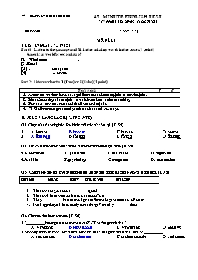 Bộ đề kiểm tra học 45 phút số 2 môn Tiếng Anh Lớp 12 - Trường THPT Bát Xát (Có đáp án)